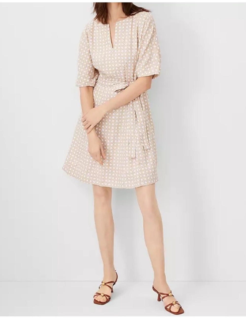 Ann Taylor Lattice Linen Blend Split Neck Flare Dress‎